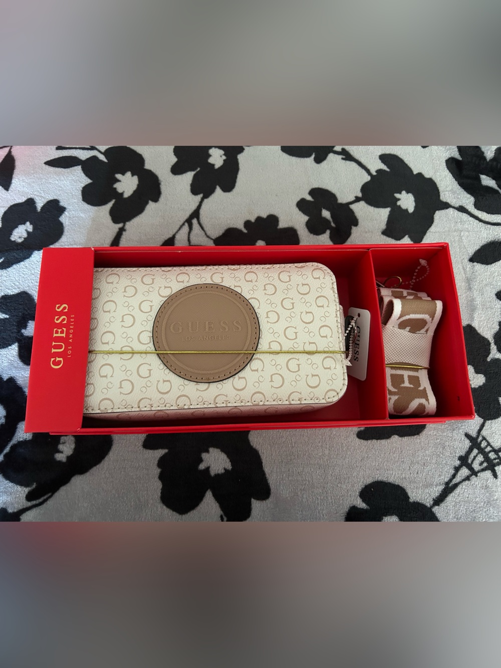 GUESS Cream & Tan Signature Logo Wristlet with Strap